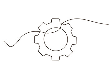 Wall Mural - Single continuous line symbol of machine wheel gear vector illustration. Cogwheel one line contour drawing business teamwork concept. Design for poster, card, label, company 