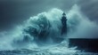 © Ewa - A photograph capturing a lone lighthouse standing against a colossal blue wave. The sky and ocean blend into a surreal blue landscape. Ai generative