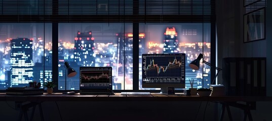 Poster - A workstation with a forex chart on the monitor and a view of the city at night. Concept of business and finance