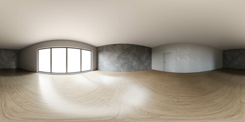 Poster - Spacious interior of a modern empty room with large windows and wood flooring 360 panorama vr environment map
