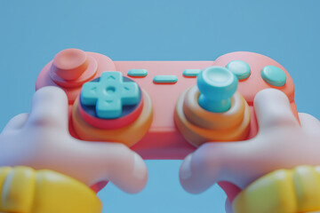 Wall Mural - Close up of a person holding a video game controller. 3D illustration style