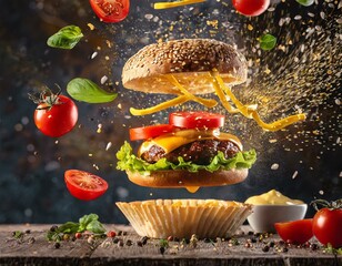 burger flying, with cheese, tomatoes, sesame seeds, mayaness mixing with mustard , showing  effects of gravity in slow motion , product lighting 