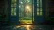 The open door stands on the street in the city center, through the open door you can see a beautiful green forest. Ai generative