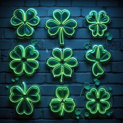 Sticker - St. Patrick's Day neon signs on a brick background. Vector illustration.