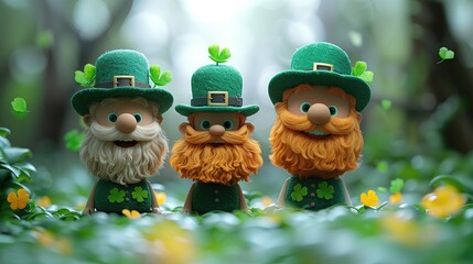 Sticker - Leprechauns with clover leaves in the forest. St. Patrick's Day