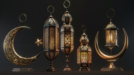 Wall Mural - Islamic lantern fanoos and a metallic crescent moon are part of the 3D religious element collection. Ideal for decorating during Eid al Adha or Ramadan.