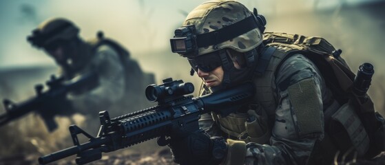 Wall Mural - A group of soldiers with weapons on a mission. Close-up of one of the soldiers from the group