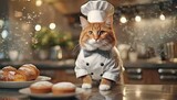 Fototapeta Uliczki - Culinary Cat: Feline Chef on Kitchen Counter