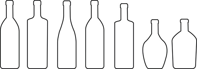 Set with alcohol bottles and glasses line icons. Black outline vector silhouette with wine, cognac, champagne, beer. Alcohol linear collection elements monochrome isolated on transparent background.