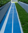 A vibrant blue running track flanked by lush green grass, providing a space for exercise and recreation.