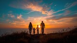 Fototapeta Tęcza - A happy family walks in the field during sunset. Ai generative
