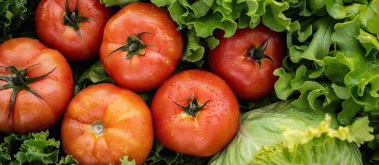 Wall Mural - A collection of ripe tomatoes and vibrant green lettuce arranged on a table, showcasing the freshness and colors of the vegetables.