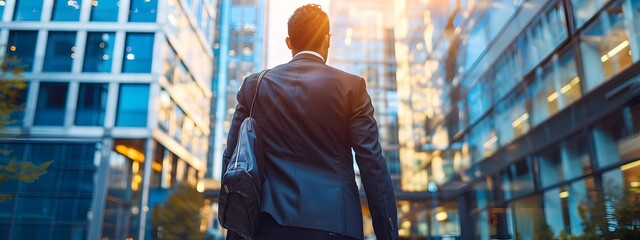 Investor. back view of an smart man in a business suit is leaving his business building in an unknown city at night with soft lighting, investor people, investment business and finance concept