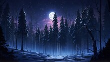 A Winter Forest At Night With A Full Moon Shining Over Tall Trees, Snow-covered Ground, And A Purple Starry Sky Background.