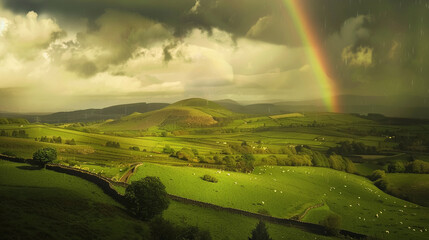 Sticker - Colorful Rainbow Arching Over Lush Green Hills and Mountains