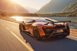 Back side view of orange expensive luxury sports car going at high speed on the road surrounded by landscape of mountains and lake with sunlight coming through at sunset, copy space for text