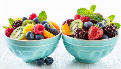 Wall Mural - bundle of two fruit salad bowls with mixed berries and fruits isolated on white background