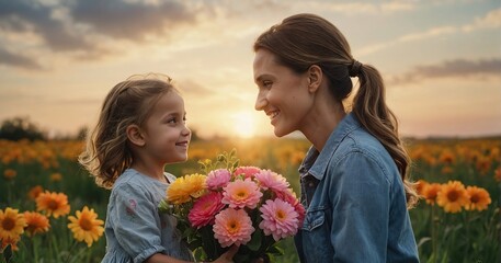 happy mother's day child daughter gives flowers to mother