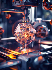 Poster - 3D Crystal Design Inside Futuristic Machine - Intricate 3D crystal structure being fabricated inside advanced machinery with glowing elements and high details