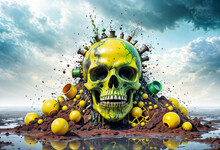 A Yellow Skull Covered With Green Splatters Stands On A Pile Of Toxic Waste Debris. Toxic Waste Concept, Radioactive Waste Concept. Environmental Pollution