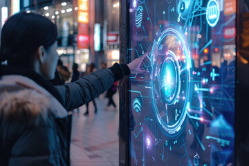 Poster - Futuristic smart city with interactive interface - Person interacting with a high-tech touchscreen display in a smart urban environment