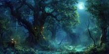 A Captivating Digital Artwork Of An Enchanted Forest Bathed In Moonlight, With Magical Glows And Sparkling Light Among Ancient Trees. Resplendent.