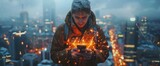 Fototapeta  - Man in winter jacket using smartphone with glowing network overlay, urban backdrop.