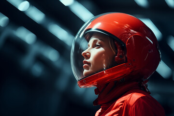 Wall Mural - A beautiful woman in a red astronaut suit. Generative AI