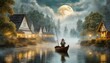 Człowiek płynący łodzią przez zamgloną rzekę w blasku księżyca. Na brzegach rzeki domy. Nostalgiczny, romantyczny krajobraz