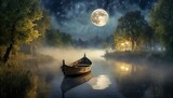 Fototapeta  -  Łódka na rzece otoczonej mgła oświetlona światłem księżyca. Nostalgiczny krajobraz