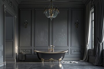 Elegant vintage inspired gray bathroom with ornate wall moldings, Classic luxury chic grey bathroom with moldings on the wall, Classic gray bathroom interior design.