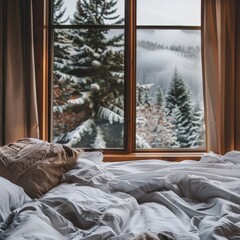 Canvas Print - a bed with a blanket and a window with trees outside