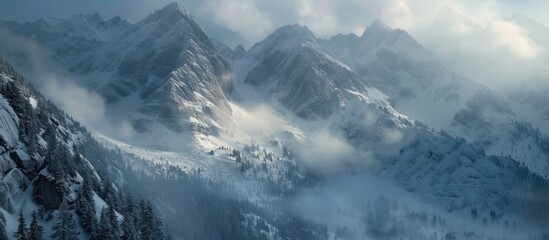 Canvas Print - A majestic Tatra mountain range covered in a blanket of snow, with thick clouds hovering above. The rugged peaks stand tall against the wintry landscape, creating a dramatic and awe-inspiring sight.