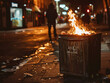 A fire blazes in a bin on a city street, providing warmth on a cold evening. ​
