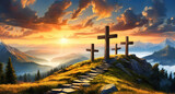 Fototapeta  - Bright Christian crosses on hill outdoors at sunrise, Resurrection of Jesus, Concept photo