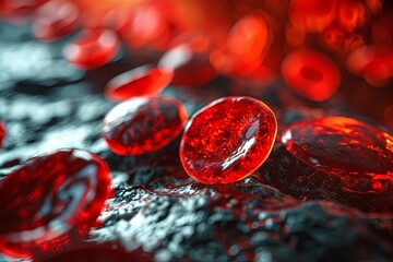 3d rendering of red blood cells flowing in a vessel with depth of field. Medical health care concept.