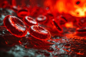 Wall Mural - 3d rendering of red blood cells flowing in a vessel with depth of field. Medical health care concept.