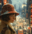Kobieta z poprzedniej epoki, w kapeluszu, w tle zatłoczone miasto z wieżowcami