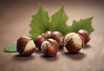 Wall Mural - Broken hazelnuts with leaves cut out Pile Of Hazelnuts in its shell