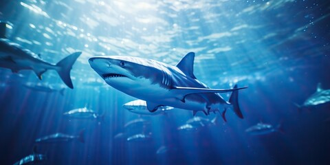 Wall Mural - Wild life under water nature outdoor sea ocean big fish blue shark background. Deep dive scuba diving hunter animal