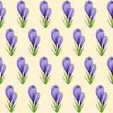 Fototapeta Motyle - Watercolor purple crocuses seamless pattern, spring flower digital paper on yellow background. Hand painted floral illustration. For textile design, packaging, wrapping paper, wallpaper, scrapbooking.