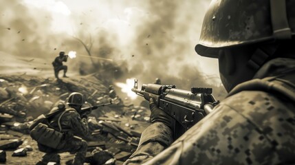 Wall Mural - 3d games of first person soldiers in a war with gun