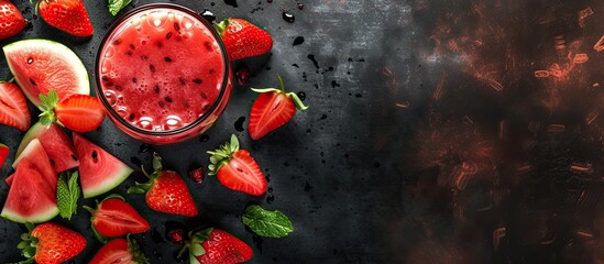 Canvas Print - A glass of watermelon juice is placed on a table, surrounded by sliced strawberries. The vibrant colors of the red fruit complement the refreshing drink.