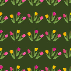 Wall Mural - Flat vector seamless pattern with spring flowers tulip.