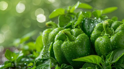 Wall Mural - Fresh green bell peppers with water drops on textured backdrop, great for vegetable themed designs.