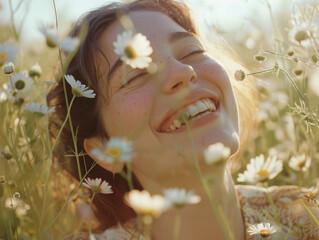 Beautiful happy smiling woman with chamomiles