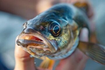 A close-up view of a triumphant individual holding a fish, showcasing the joy and satisfaction of a successful catch