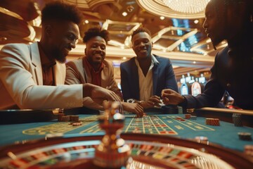 A group of four African-American friends playing roulette in a casino