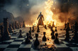 Fantasy knight standing amidst a fiery chess battle on a smoky battlefield.