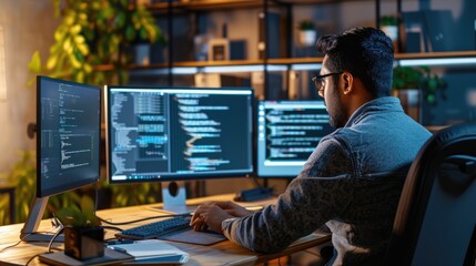 a software developer works on code late into the night, illuminated by the glow of multiple computer